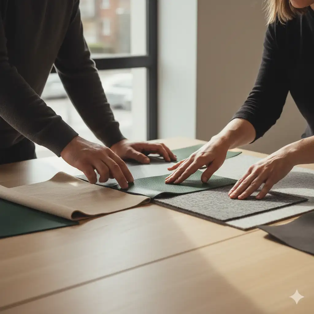 Hand h&auml;lt nachhaltige Materialprobe im Beratungsgespr&auml;ch