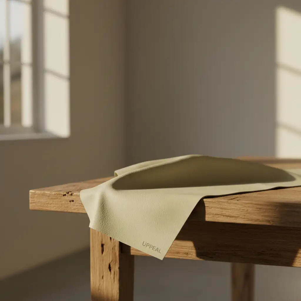 UPPEAL Appleskin&trade; &ndash; Materialprobe auf nat&uuml;rlichem Holzuntergrund